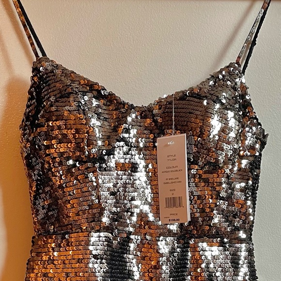 NWT (2/4/6/8/12)French Connection metallic sequin mini ruffle antique gold black - Picture 3 of 17